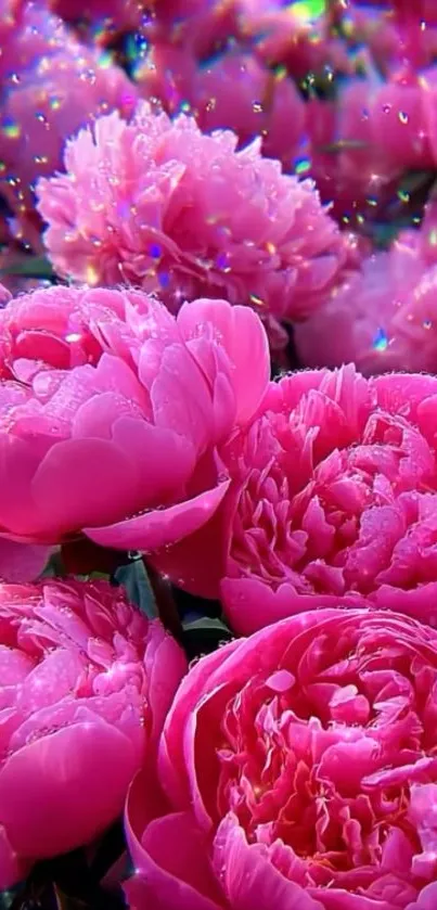 Vibrant pink peony blooms sparkling mobile wallpaper.