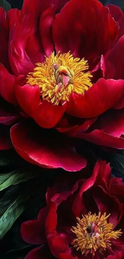 Vibrant red peony flowers with green leaves.