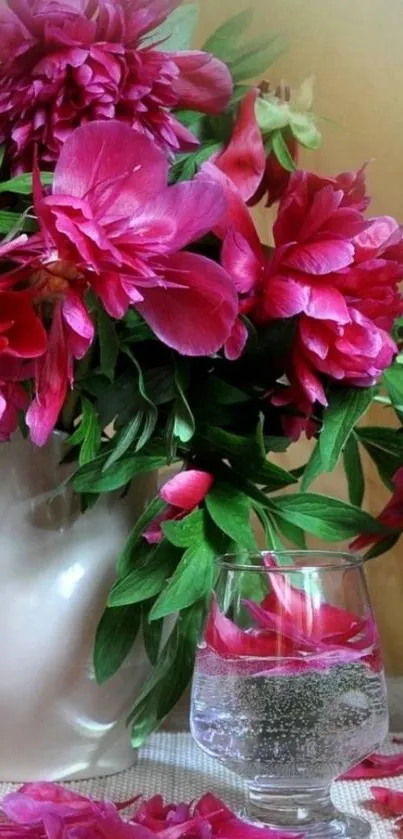 Vibrant pink peonies in a glass vase.