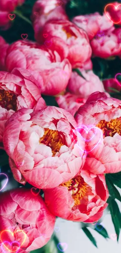 Vibrant pink peonies with heart overlay wallpaper.