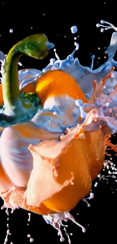 Yellow pepper in colorful splash on black background.