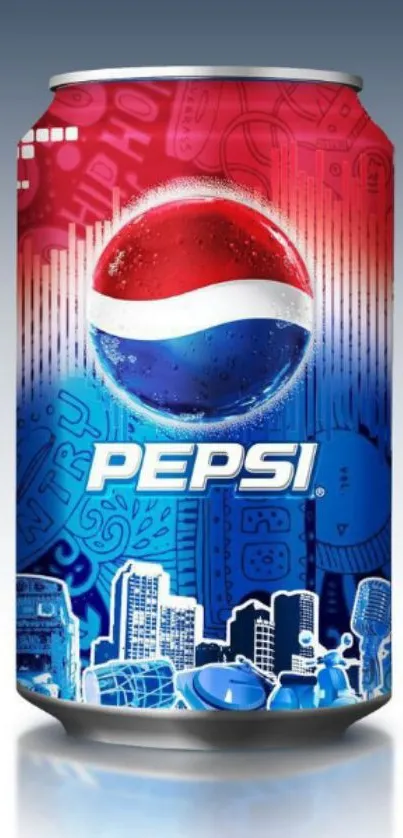 Vibrant Pepsi can with red-blue gradient background.