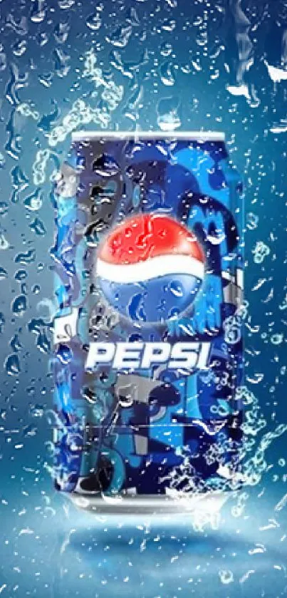 Vibrant Pepsi can wallpaper with bubbles and blue background.