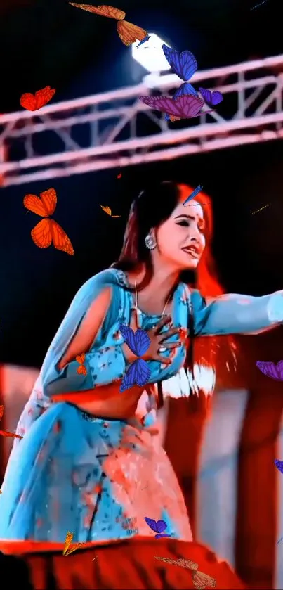 Energetic performer with butterflies and vibrant stage lighting.