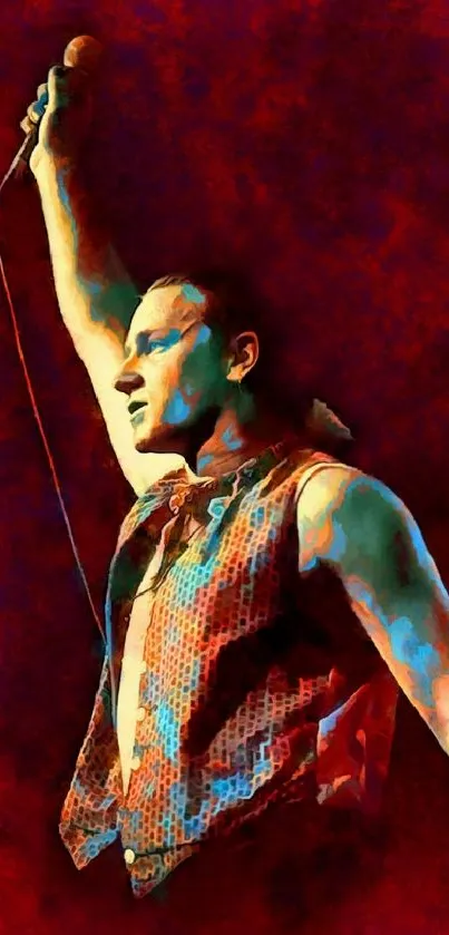 Vibrant artistic depiction of a performer on a colorful dark red background.