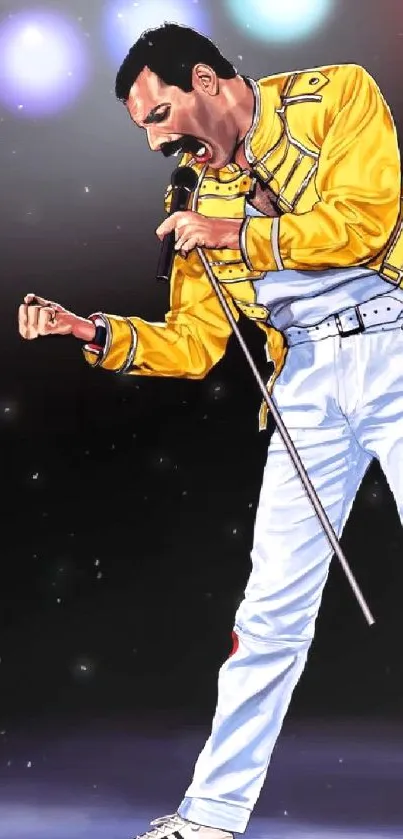 Illustrated performer in yellow jacket on stage.