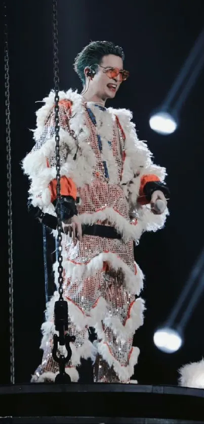 Performer wearing a bold outfit on stage with dramatic lighting.