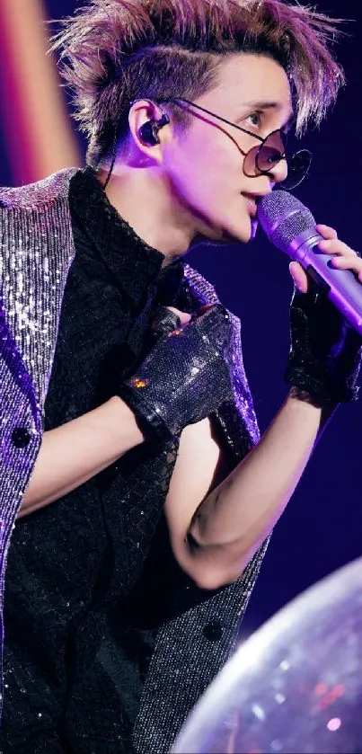 Dynamic performer singing live on stage with glittering attire and vibrant lights.
