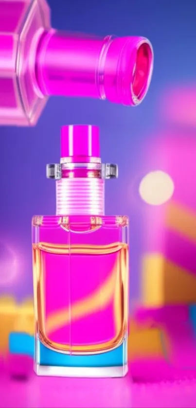 Vibrant pink perfume bottle with colorful background wallpaper.