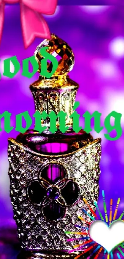 Luxurious perfume bottle with 'Good Morning' in a vibrant purple bokeh background.