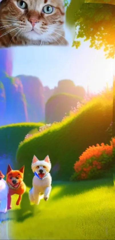 Pets frolicking in a vibrant nature scene.