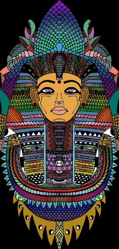 Vibrant pharaoh art with colorful geometric patterns on a black background.