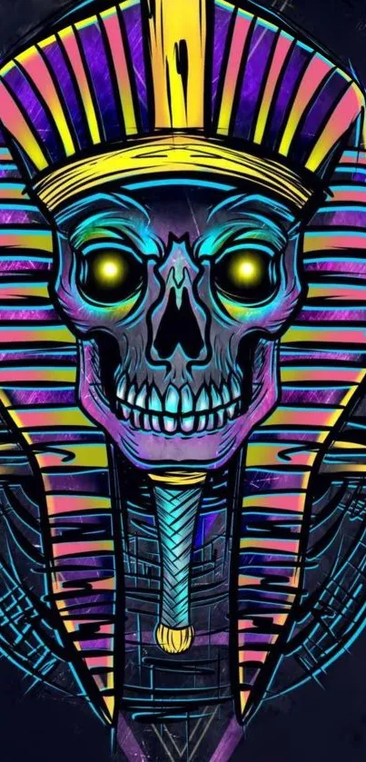 Vibrant skull with Egyptian Pharaoh headdress in neon colors.