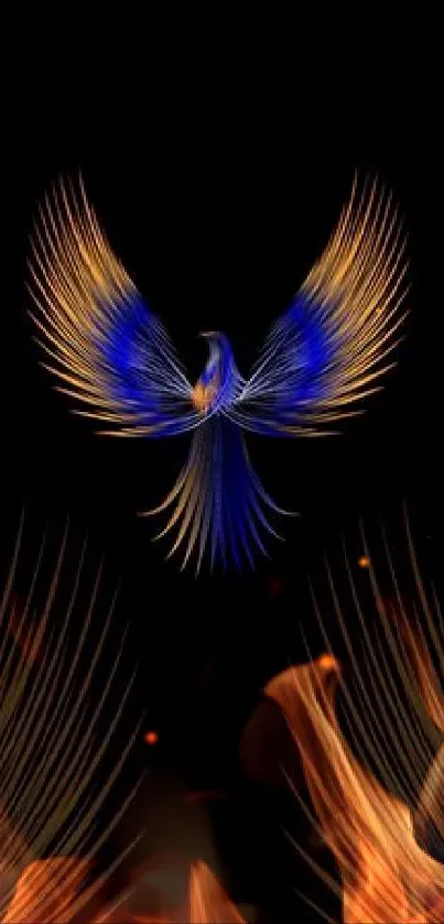 Vibrant phoenix with blue and orange feathers on a black background.