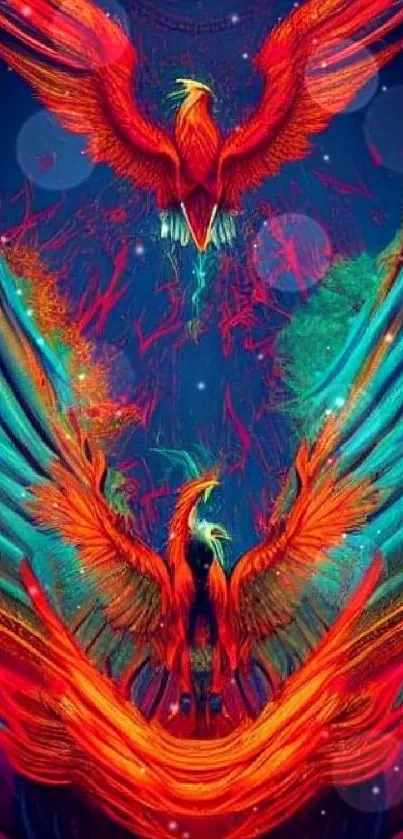 Vibrant abstract phoenix artwork with fiery red wings.