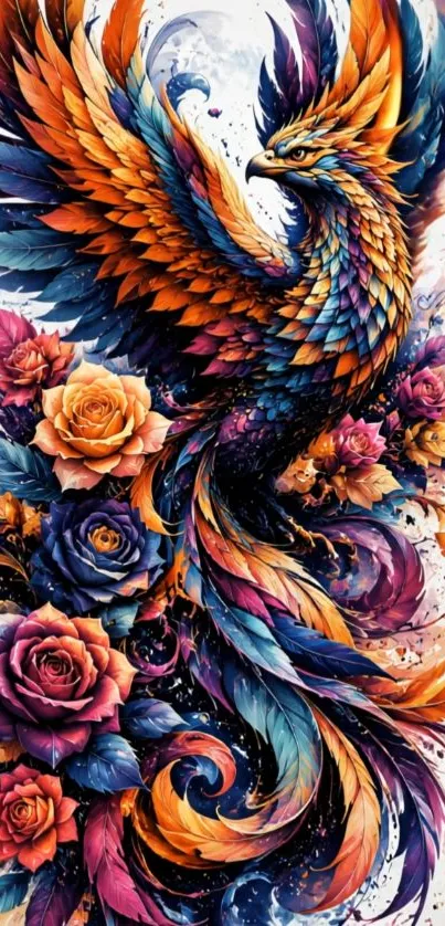 Colorful phoenix soaring among roses with vibrant feathers.