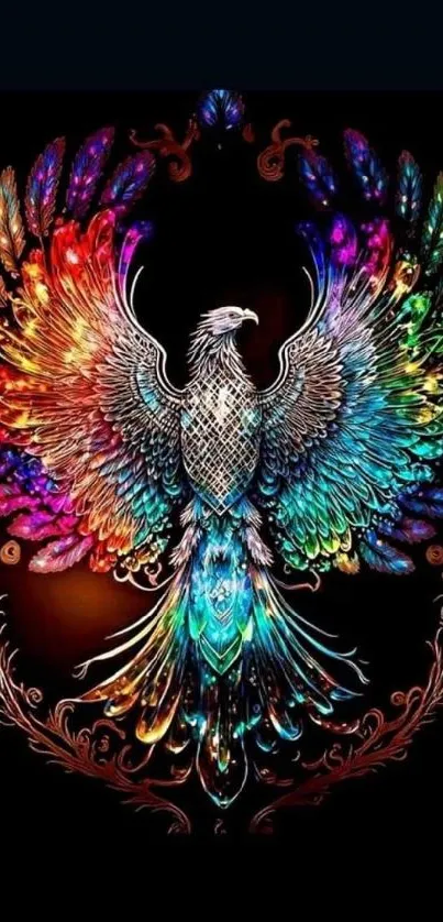 Colorful phoenix with rainbow feathers on a black background.