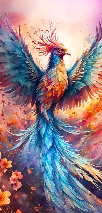 Vibrant phoenix with colorful feathers and flowers wallpaper.