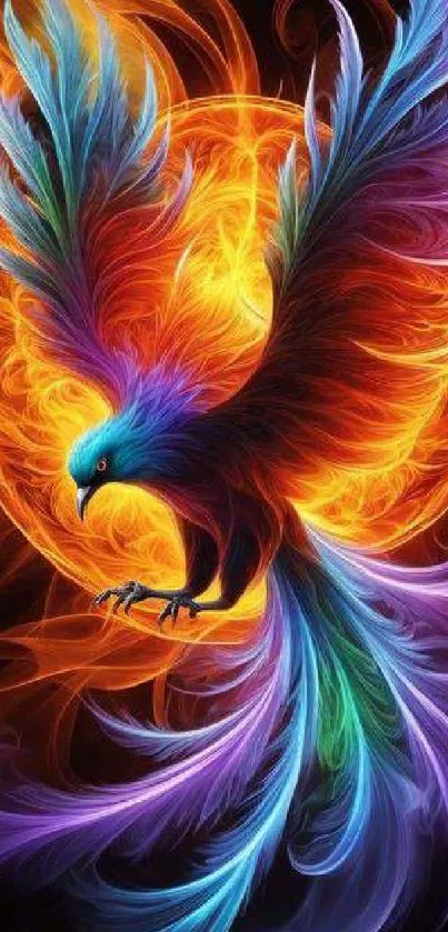 A vibrant and colorful phoenix with fiery wings for mobile wallpaper.