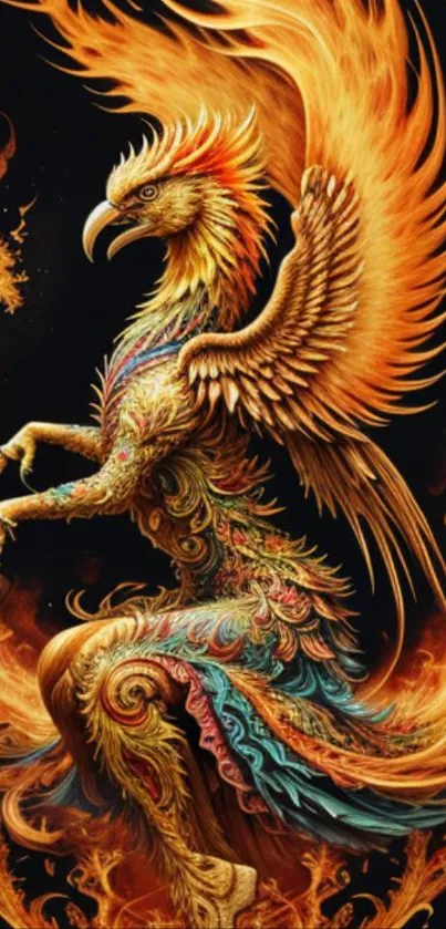 Vibrant phoenix with fiery orange flames, fantasy art design.