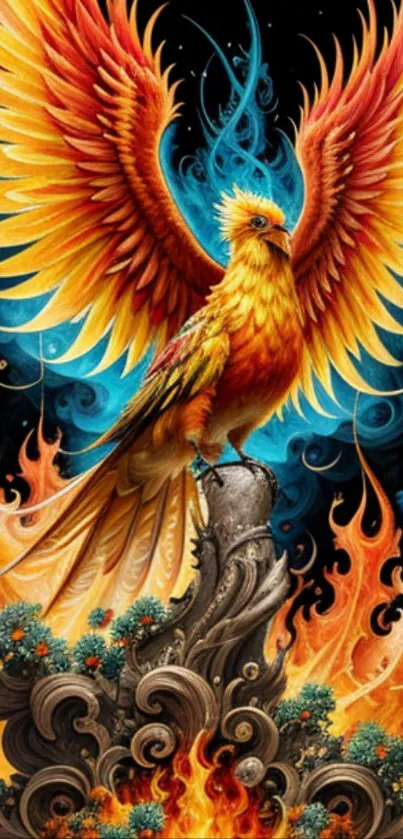 Vibrant phoenix with fiery wings on black background.