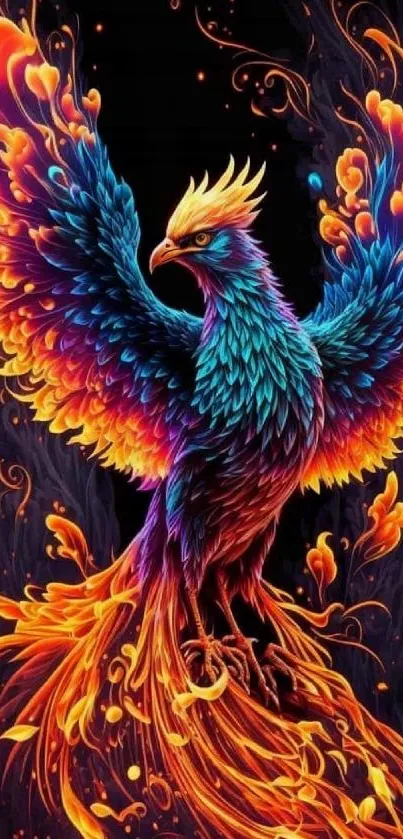 Colorful phoenix with fiery wings on wallpaper.