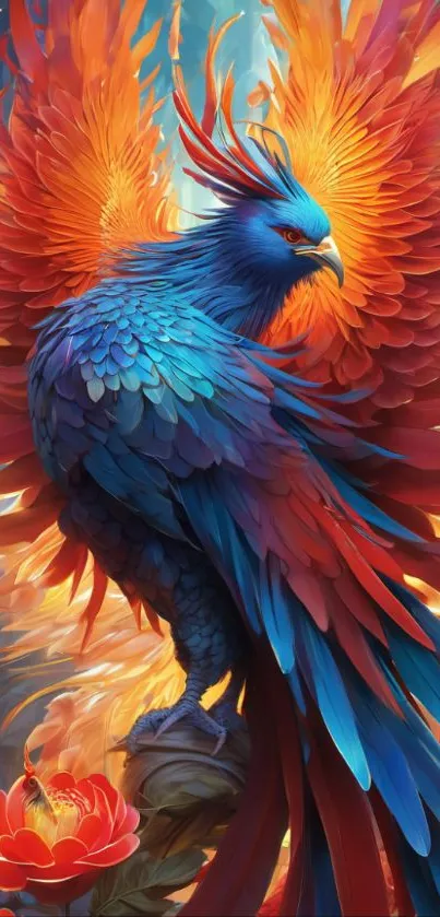 Vibrant phoenix with fiery orange and blue feathers in artistic wallpaper.