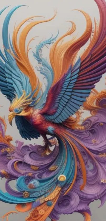 Vibrant phoenix with colorful wings in dynamic artistic display.