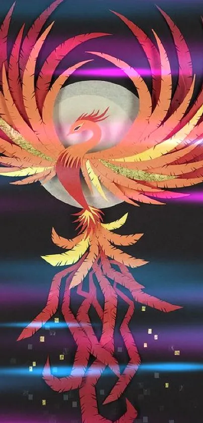 Vibrant phoenix illustration in fiery orange against a dark background.