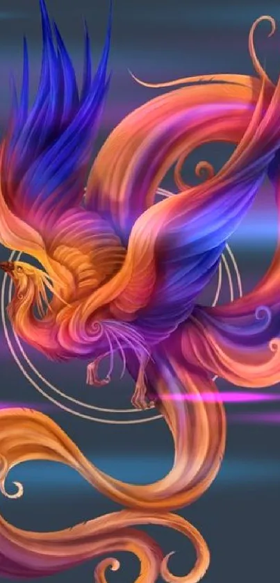 Vibrant phoenix art with fiery orange and blue on elegant wallpaper.