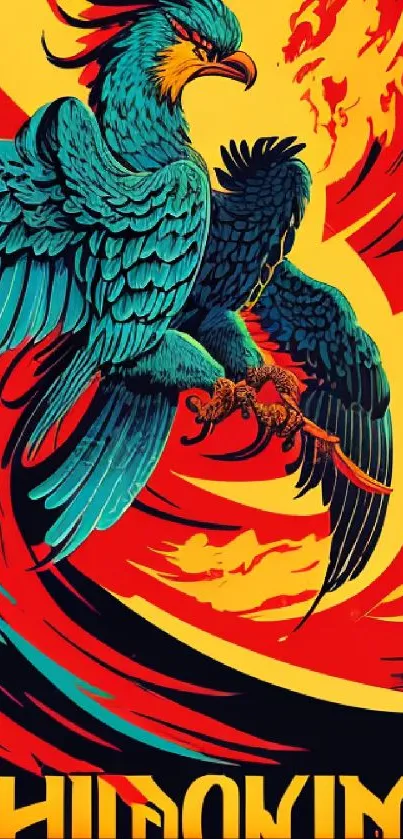 Vibrant phoenix artwork with striking red and blue hues for a dynamic mobile wallpaper.