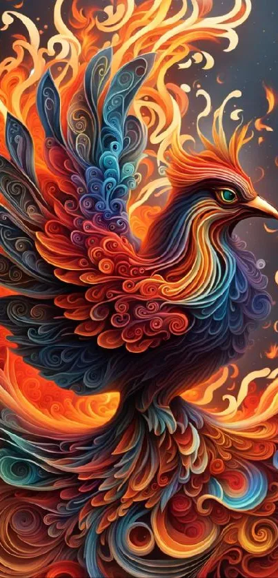 Vibrant phoenix with fiery flames wallpaper design.