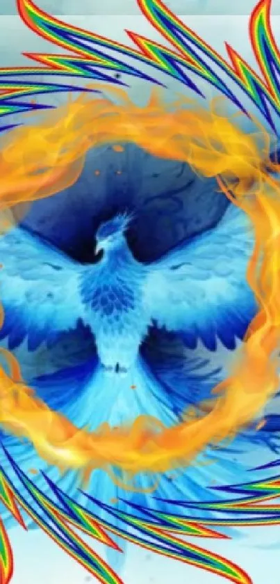 Vibrant blue and orange phoenix in a flame ring, artistic mobile wallpaper.