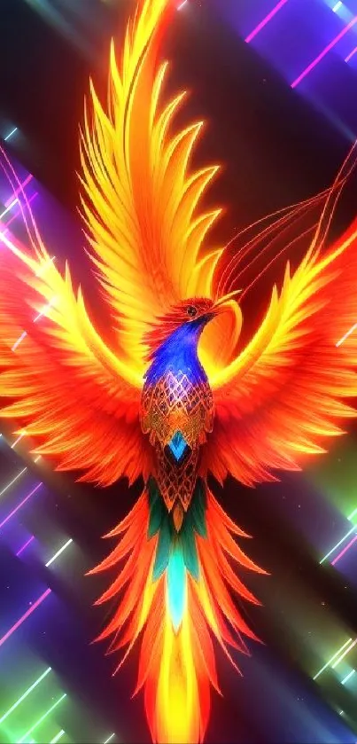 Vibrant phoenix with fiery orange wings on a dark background.