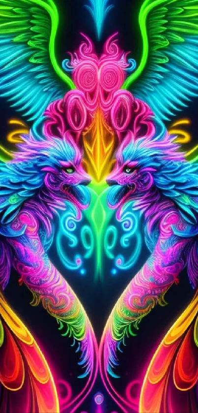 Vibrant neon phoenix art with colorful wings and intricate designs.