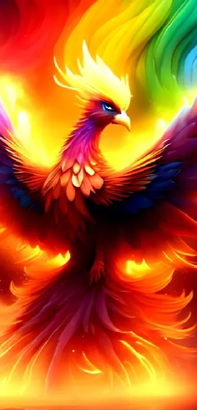 Colorful phoenix with fiery wings over a vibrant background.