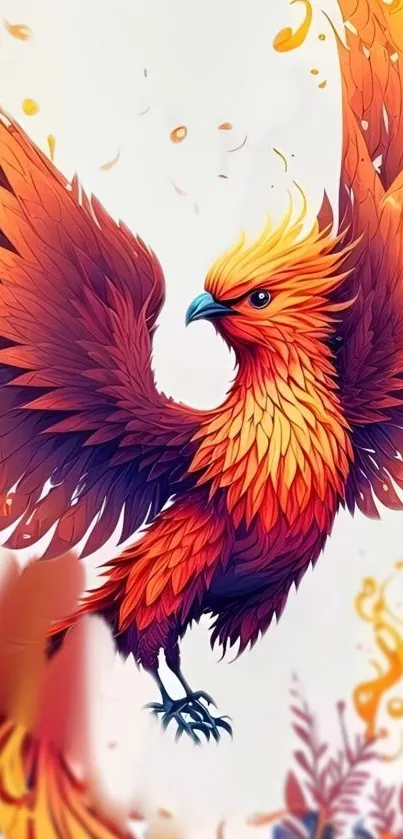 Illustrated phoenix with vibrant fiery colors on a bright background.