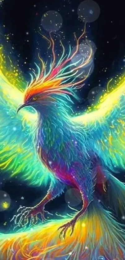 Colorful phoenix artwork with vibrant rainbow wings on black background.