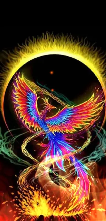 Colorful phoenix art on a dark background.