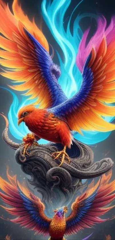 Colorful phoenix artwork with vibrant orange and blue wings, set against a dark background.