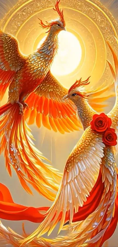 Two vibrant phoenixes against a radiant sun.