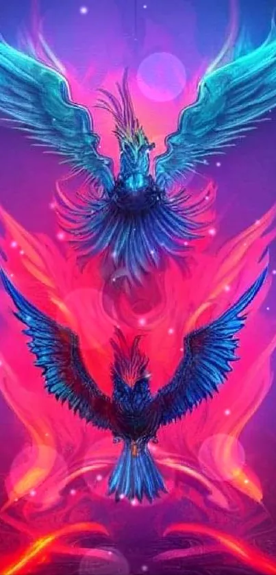 Mobile wallpaper with vibrant azure and crimson phoenixes.