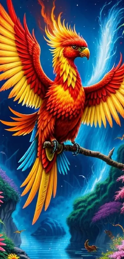 Fantasy phoenix art with vibrant colors and magical background.