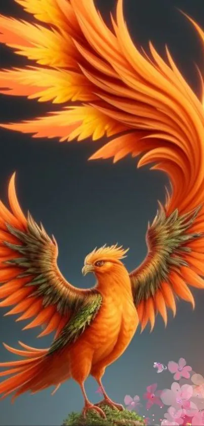 Vibrant phoenix with orange wings in fantasy art wallpaper.