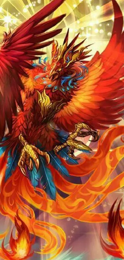 Colorful phoenix in fiery fantasy art style.