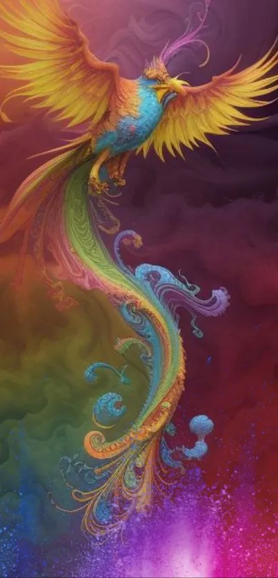 Colorful phoenix fantasy wallpaper with swirling vibrant hues.