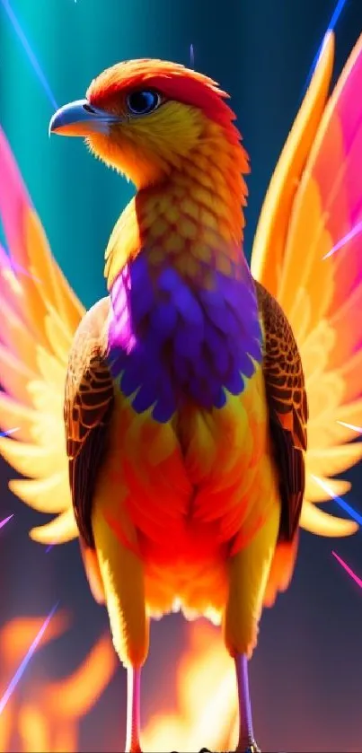 Vivid phoenix with colorful wings on fiery background.