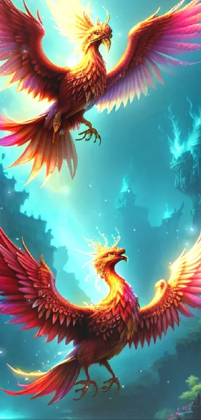 Vibrant fantasy art of two phoenixes in a mystical landscape.