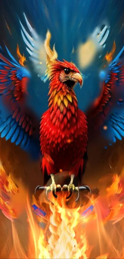 Vibrant phoenix with fiery wings in colorful mobile wallpaper.