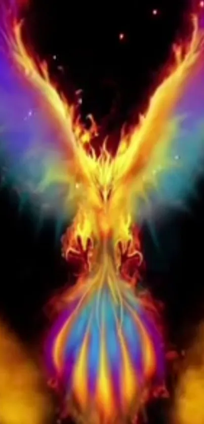 Vibrant phoenix with fiery wings against a dark background, radiating mystical energy.